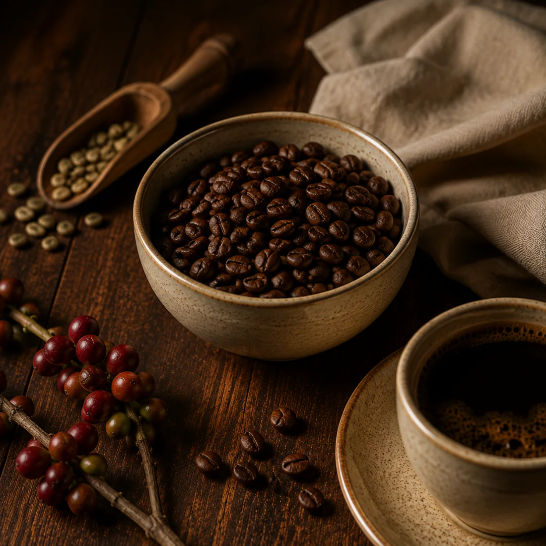 Roasted coffee beans, coffee cherries and a ceramic cup on a walnut table