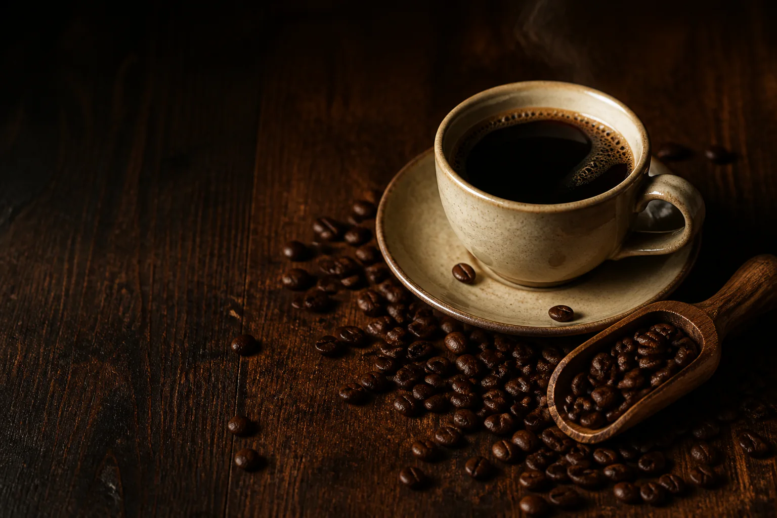 A ceramic cup of coffee among roasted beans on a dark walnut table